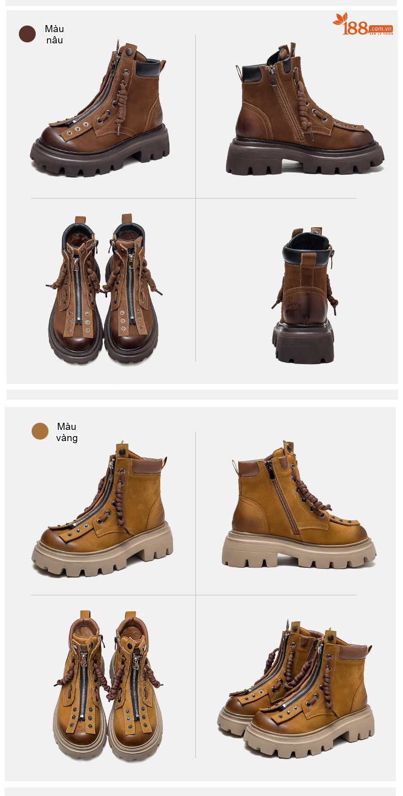 Boot Nữ Cổ Ngắn Thiết Kế Retro Hai Kiểu Mang Chiều Cao Đế Khoảng 5cm Màu Nâu Đậm, Vàng Be, Xanh Lá chi tiết 16