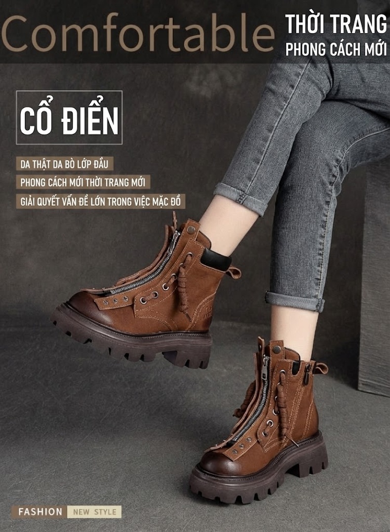 Boot Nữ Cổ Ngắn Thiết Kế Retro Hai Kiểu Mang Chiều Cao Đế Khoảng 5cm Màu Nâu Đậm, Vàng Be, Xanh Lá chi tiết 1