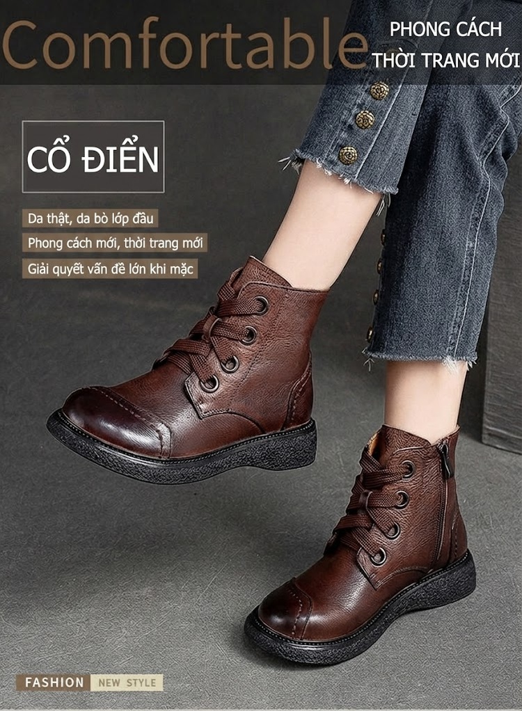 Boot Nữ Cổ Thấp Da Bò Cột Dây Chiều Cao Đế Khoảng 3cm Phong Cách Retro Màu Nâu, Đen chi tiết 1