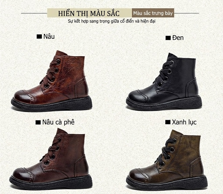 Boot Nữ Cổ Thấp Da Bò Cột Dây Chiều Cao Đế Khoảng 3cm Phong Cách Retro Màu Nâu, Đen chi tiết 2