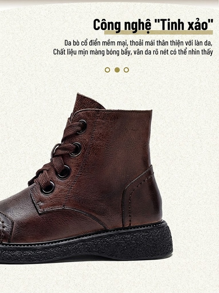Boot Nữ Cổ Thấp Da Bò Cột Dây Chiều Cao Đế Khoảng 3cm Phong Cách Retro Màu Nâu, Đen chi tiết 3