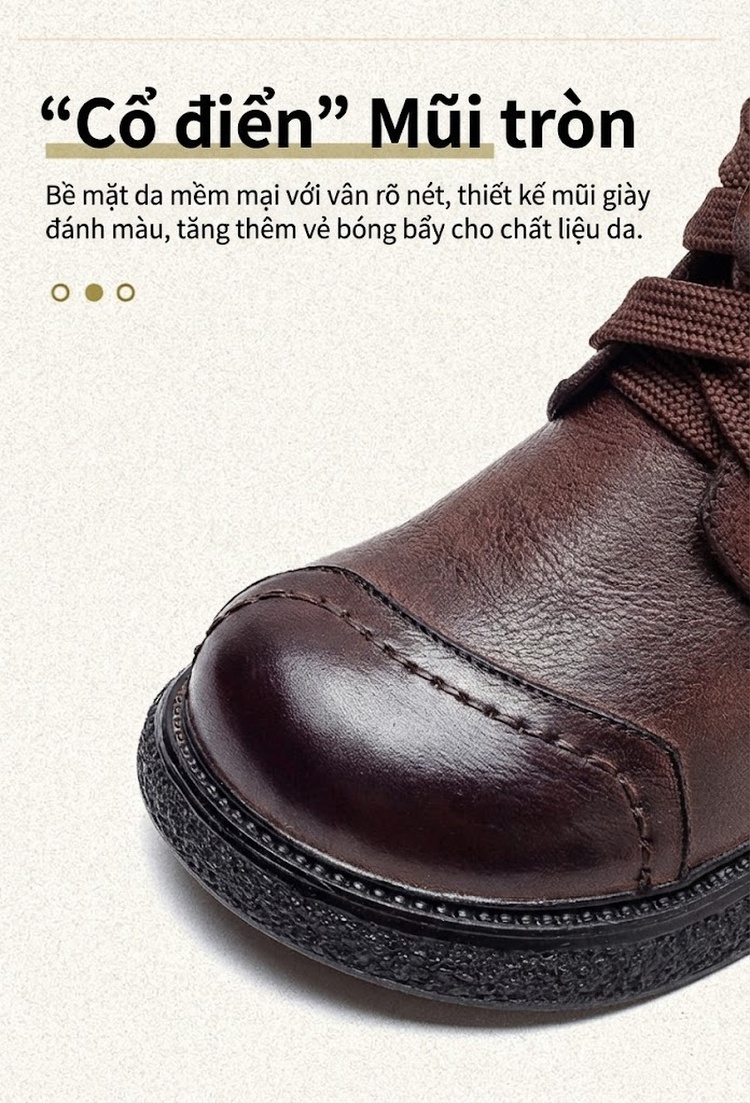 Boot Nữ Cổ Thấp Da Bò Cột Dây Chiều Cao Đế Khoảng 3cm Phong Cách Retro Màu Nâu, Đen chi tiết 4