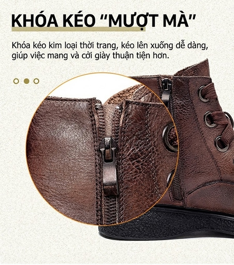 Boot Nữ Cổ Thấp Da Bò Cột Dây Chiều Cao Đế Khoảng 3cm Phong Cách Retro Màu Nâu, Đen chi tiết 7