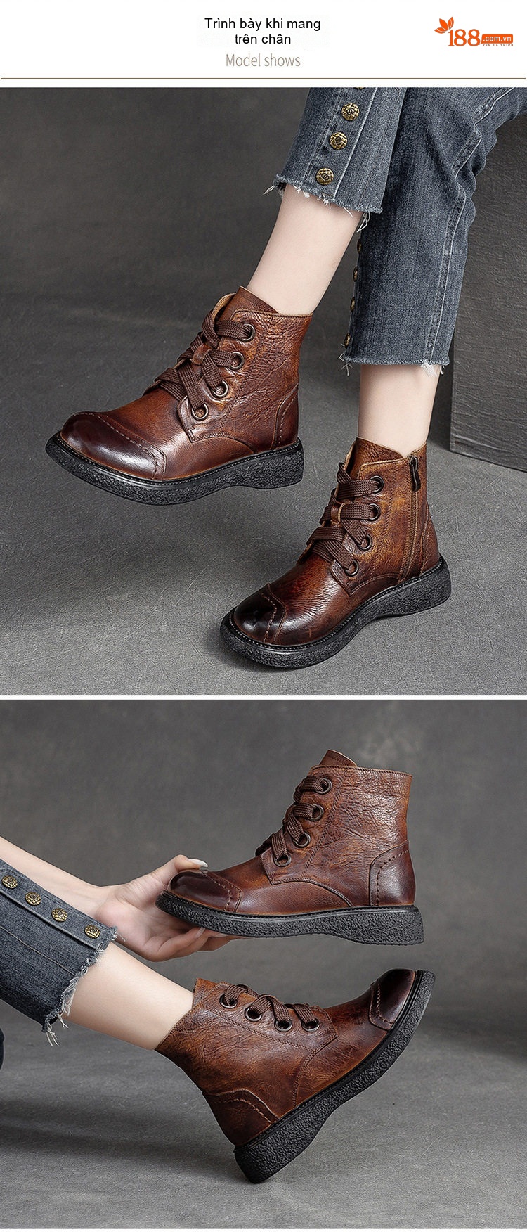 Boot Nữ Cổ Thấp Da Bò Cột Dây Chiều Cao Đế Khoảng 3cm Phong Cách Retro Màu Nâu, Đen chi tiết 8