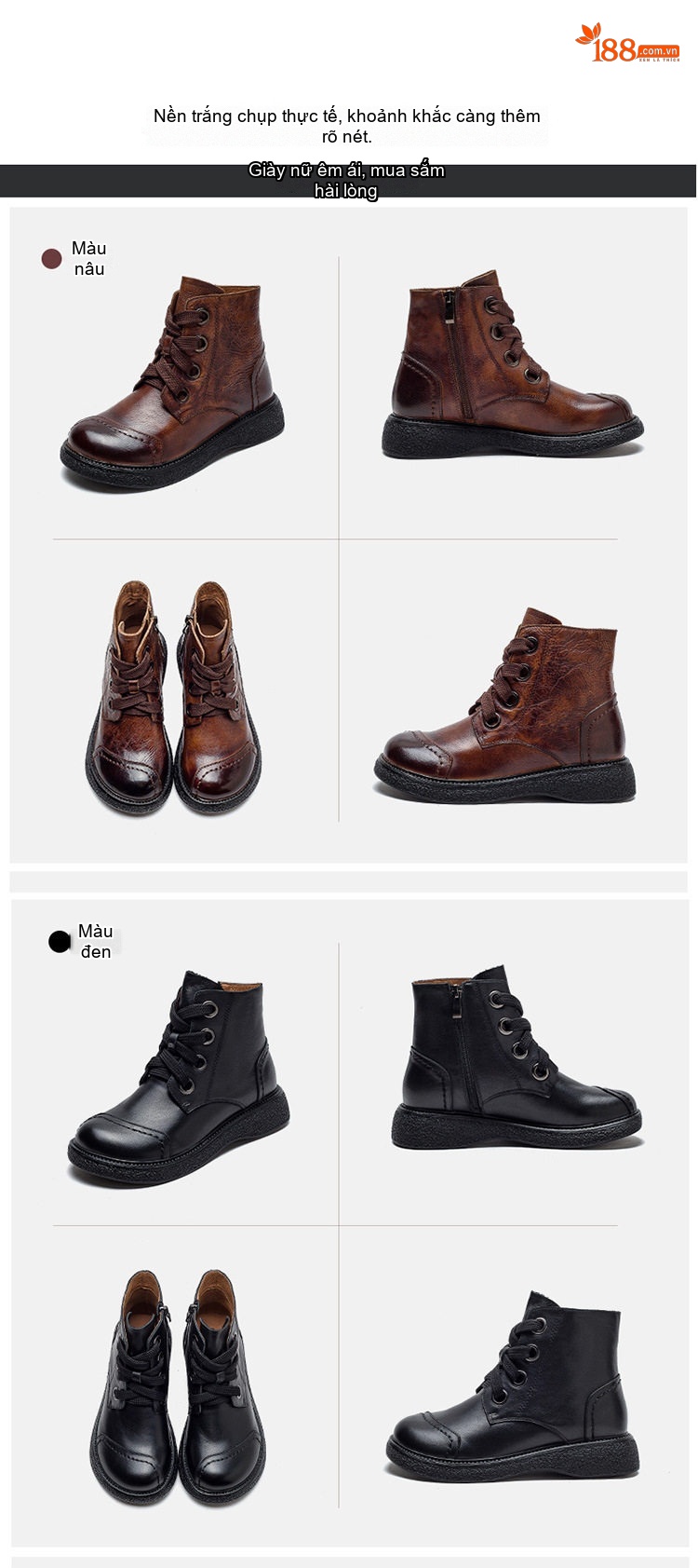 Boot Nữ Cổ Thấp Da Bò Cột Dây Chiều Cao Đế Khoảng 3cm Phong Cách Retro Màu Nâu, Đen chi tiết 15