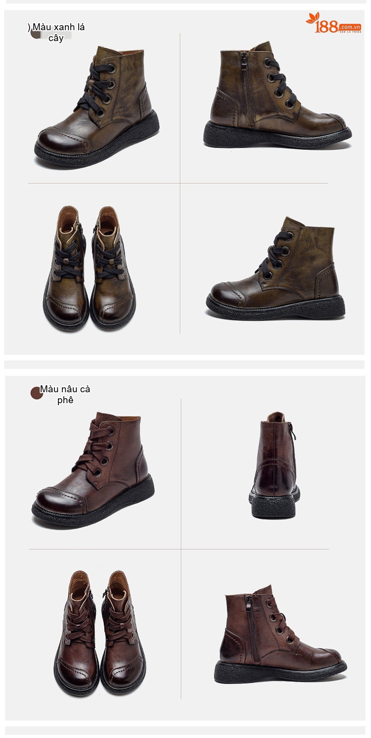 Boot Nữ Cổ Thấp Da Bò Cột Dây Chiều Cao Đế Khoảng 3cm Phong Cách Retro Màu Nâu, Đen chi tiết 16