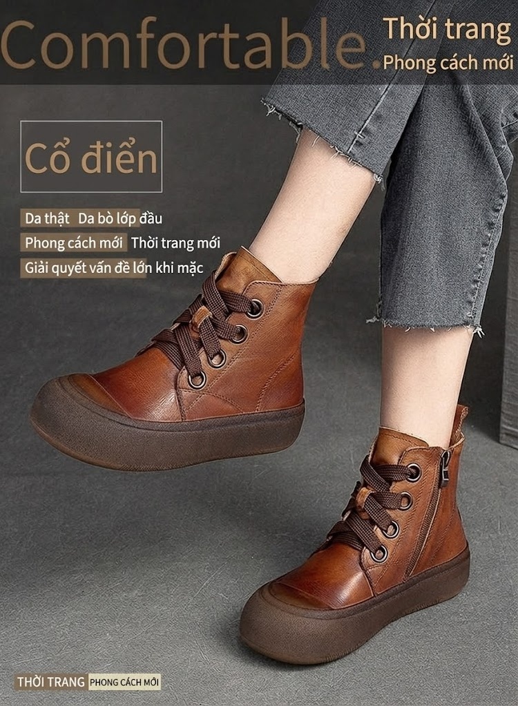 Boot Nữ Cổ Thấp Da Bò Khóa Bên Hông Chiều Cao Đế Khoảng 4cm Màu Nâu chi tiết 2