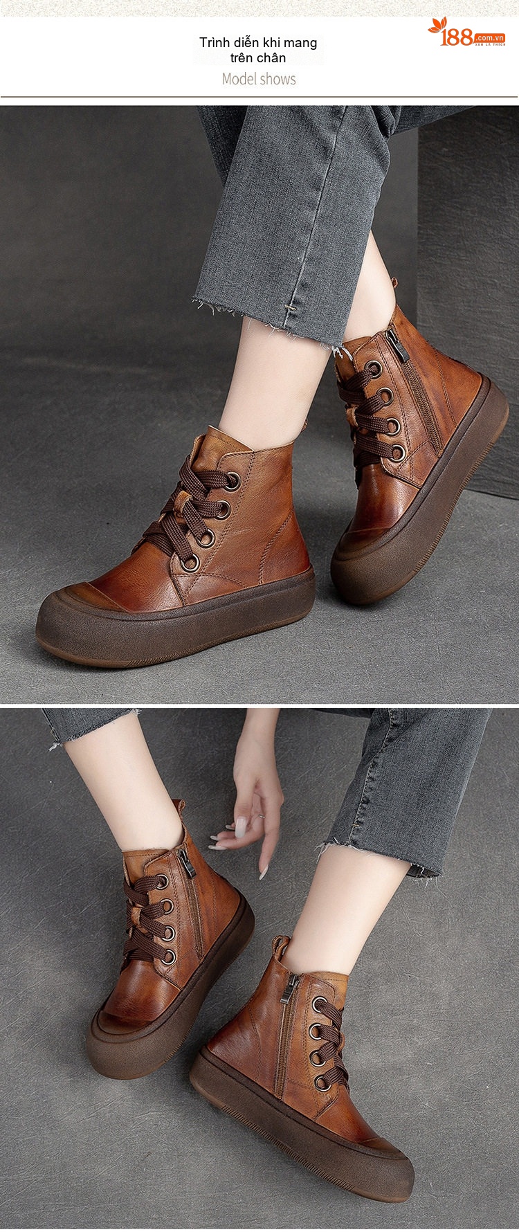 Boot Nữ Cổ Thấp Da Bò Khóa Bên Hông Chiều Cao Đế Khoảng 4cm Màu Nâu chi tiết 8