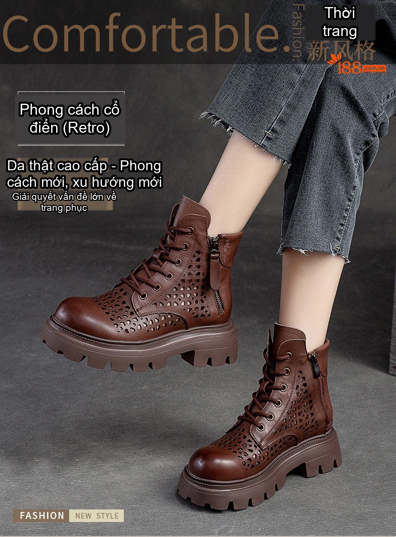 Boot Nữ Da Bò Cao Cổ Đục Lỗ Thoáng Khí Chiều Cao Đế Khoảng 5cm Màu Nâu, Đen chi tiết 2