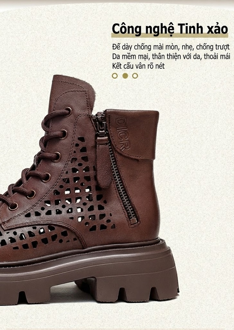 Boot Nữ Da Bò Cao Cổ Đục Lỗ Thoáng Khí Chiều Cao Đế Khoảng 5cm Màu Nâu, Đen chi tiết 3