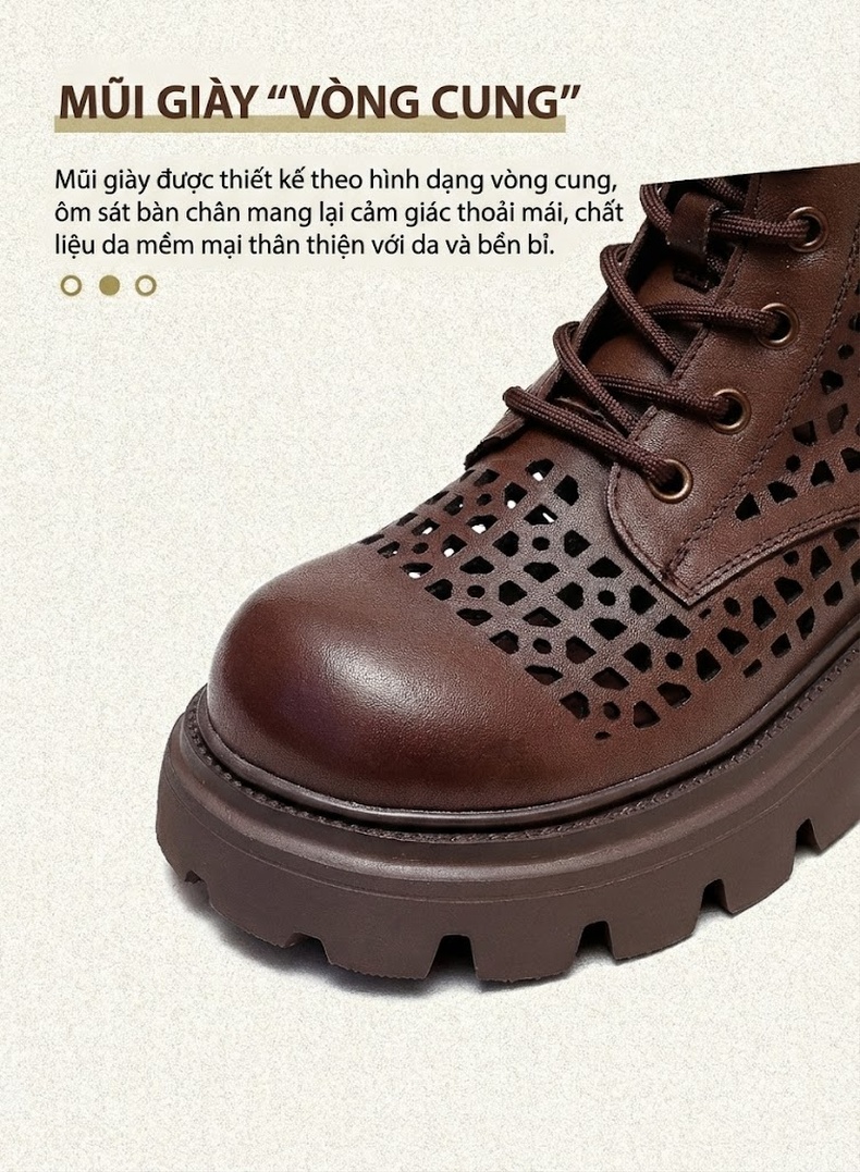 Boot Nữ Da Bò Cao Cổ Đục Lỗ Thoáng Khí Chiều Cao Đế Khoảng 5cm Màu Nâu, Đen chi tiết 4