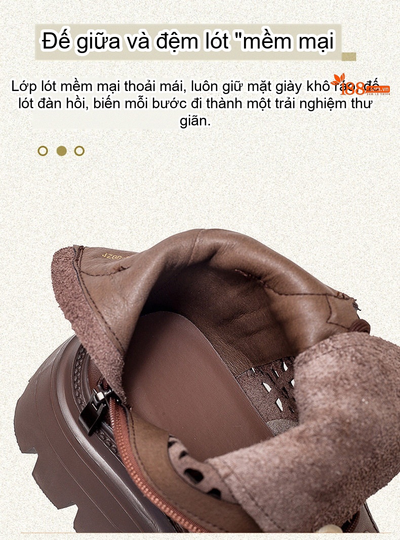 Boot Nữ Da Bò Cao Cổ Đục Lỗ Thoáng Khí Chiều Cao Đế Khoảng 5cm Màu Nâu, Đen chi tiết 6