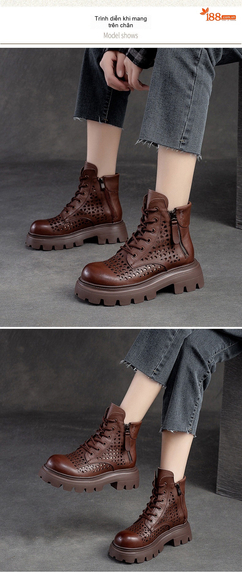 Boot Nữ Da Bò Cao Cổ Đục Lỗ Thoáng Khí Chiều Cao Đế Khoảng 5cm Màu Nâu, Đen chi tiết 7