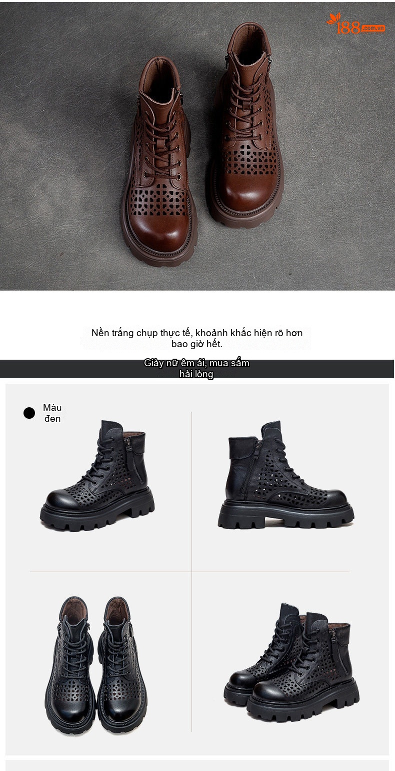 Boot Nữ Da Bò Cao Cổ Đục Lỗ Thoáng Khí Chiều Cao Đế Khoảng 5cm Màu Nâu, Đen chi tiết 14