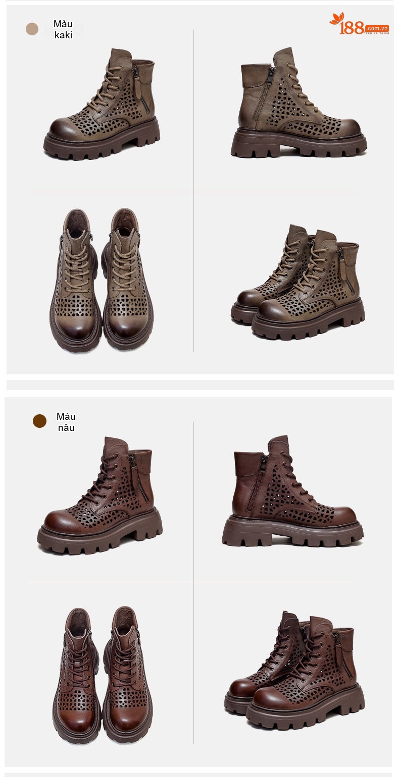 Boot Nữ Da Bò Cao Cổ Đục Lỗ Thoáng Khí Chiều Cao Đế Khoảng 5cm Màu Nâu, Đen chi tiết 15