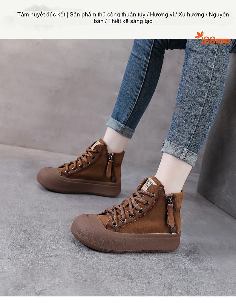 Boot Nữ Da Bò Cổ Cao Có Dây Khóa Bên Hông Phong Cách Anh Chiều Cao Đế Khoảng 4cm Màu Nâu chi tiết 1