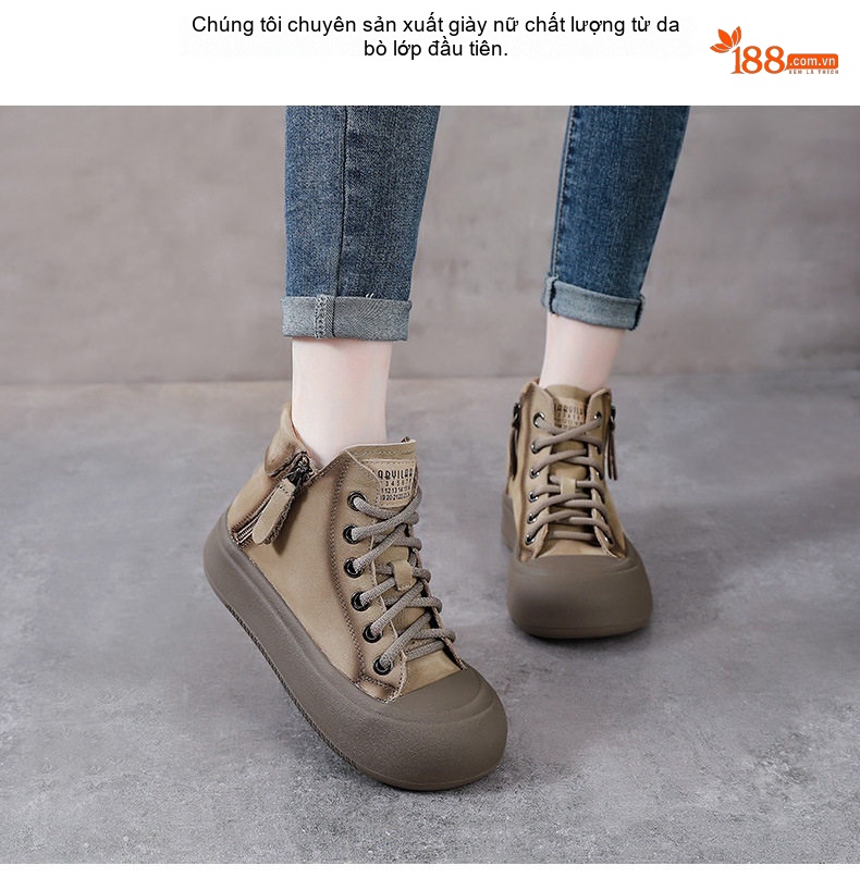 Boot Nữ Da Bò Cổ Cao Có Dây Khóa Bên Hông Phong Cách Anh Chiều Cao Đế Khoảng 4cm Màu Nâu chi tiết 2