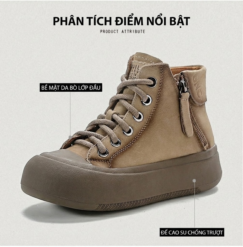 Boot Nữ Da Bò Cổ Cao Có Dây Khóa Bên Hông Phong Cách Anh Chiều Cao Đế Khoảng 4cm Màu Nâu chi tiết 3