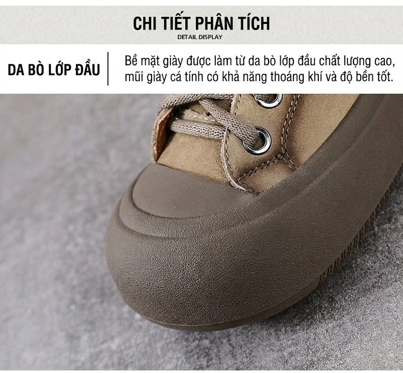 Boot Nữ Da Bò Cổ Cao Có Dây Khóa Bên Hông Phong Cách Anh Chiều Cao Đế Khoảng 4cm Màu Nâu chi tiết 4