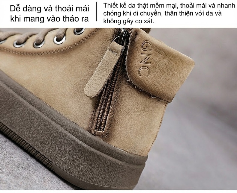Boot Nữ Da Bò Cổ Cao Có Dây Khóa Bên Hông Phong Cách Anh Chiều Cao Đế Khoảng 4cm Màu Nâu chi tiết 6