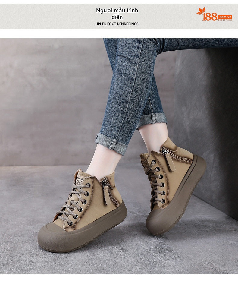 Boot Nữ Da Bò Cổ Cao Có Dây Khóa Bên Hông Phong Cách Anh Chiều Cao Đế Khoảng 4cm Màu Nâu chi tiết 8