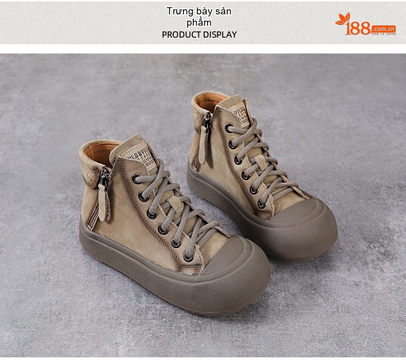 Boot Nữ Da Bò Cổ Cao Có Dây Khóa Bên Hông Phong Cách Anh Chiều Cao Đế Khoảng 4cm Màu Nâu chi tiết 9