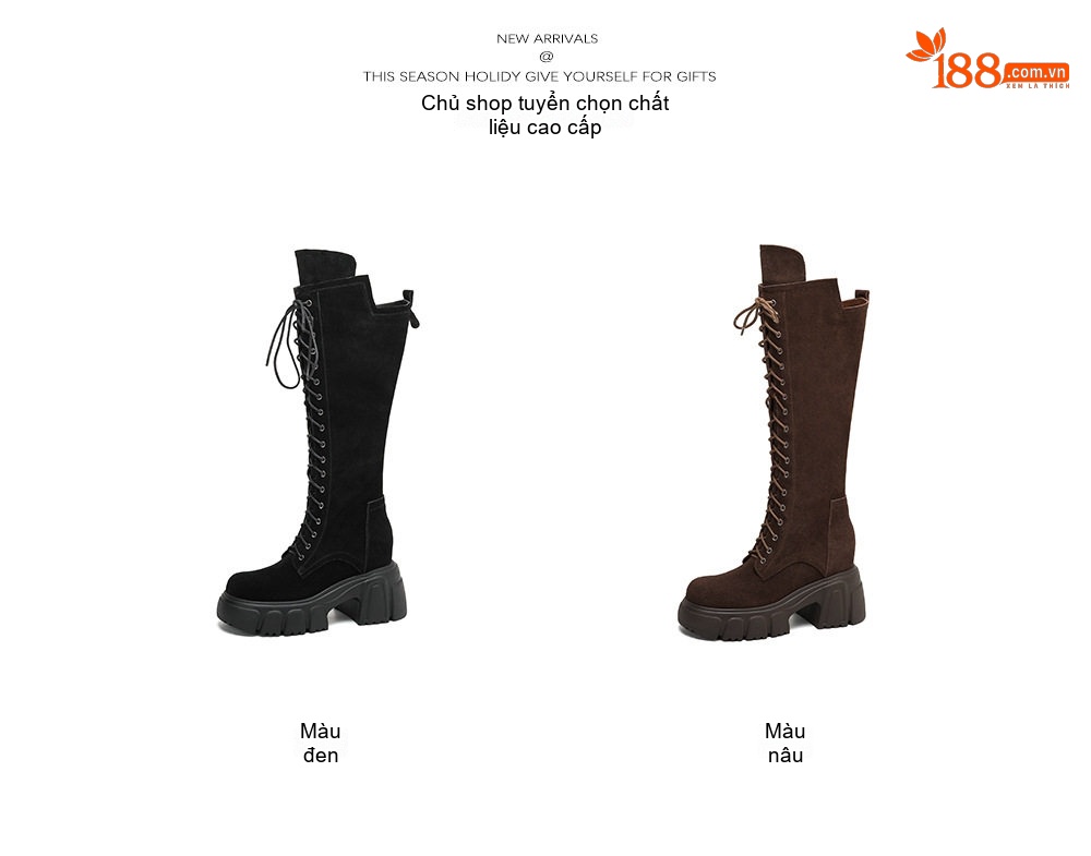 Boot Nữ Da Bò Cổ Cao Dây Buộc Chiều Cao Đế Khoảng 10cm Màu Nâu, Đen chi tiết 2