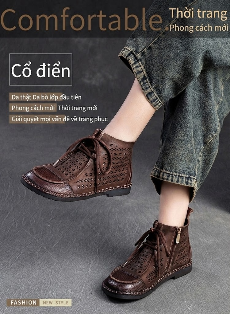 Boot Nữ Da Bò Cổ Cao Khoét Lỗ Thoáng Khí Chiều Cao Đế Khoảng 2cm Màu Nâu, Kem, Đỏ chi tiết 1
