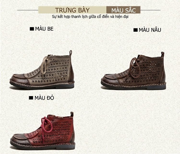 Boot Nữ Da Bò Cổ Cao Khoét Lỗ Thoáng Khí Chiều Cao Đế Khoảng 2cm Màu Nâu, Kem, Đỏ chi tiết 2