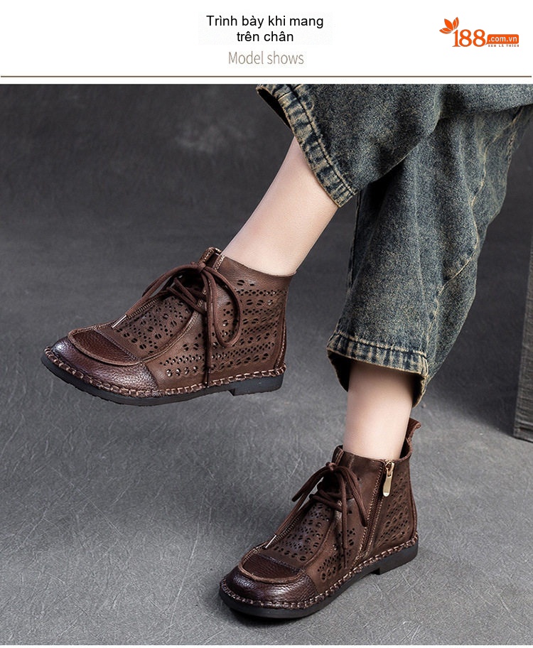 Boot Nữ Da Bò Cổ Cao Khoét Lỗ Thoáng Khí Chiều Cao Đế Khoảng 2cm Màu Nâu, Kem, Đỏ chi tiết 8