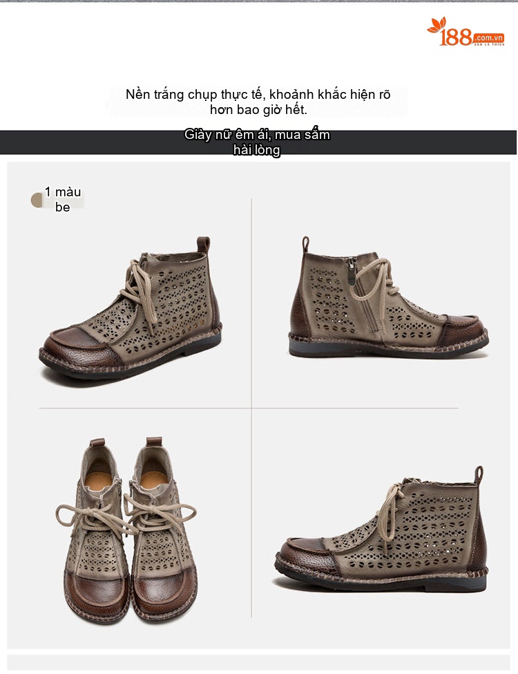 Boot Nữ Da Bò Cổ Cao Khoét Lỗ Thoáng Khí Chiều Cao Đế Khoảng 2cm Màu Nâu, Kem, Đỏ chi tiết 17