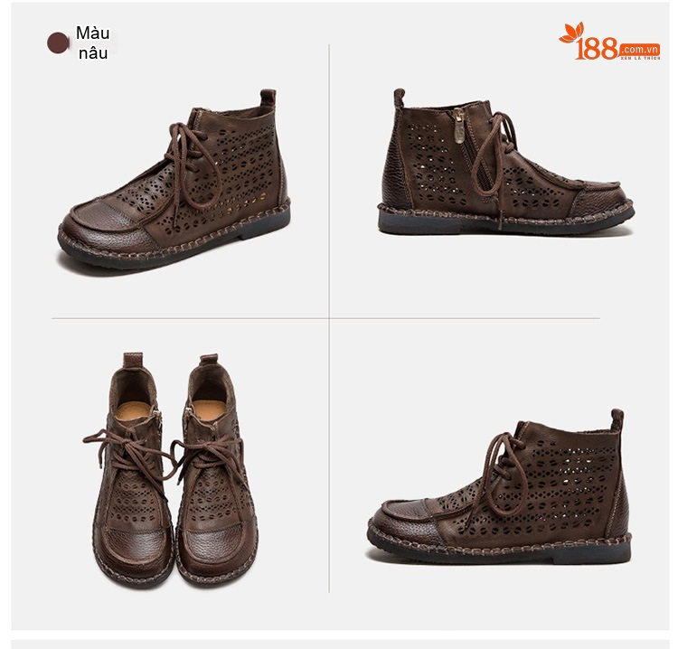 Boot Nữ Da Bò Cổ Cao Khoét Lỗ Thoáng Khí Chiều Cao Đế Khoảng 2cm Màu Nâu, Kem, Đỏ chi tiết 18