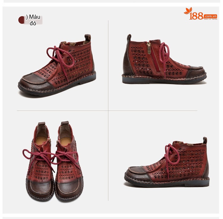 Boot Nữ Da Bò Cổ Cao Khoét Lỗ Thoáng Khí Chiều Cao Đế Khoảng 2cm Màu Nâu, Kem, Đỏ chi tiết 19