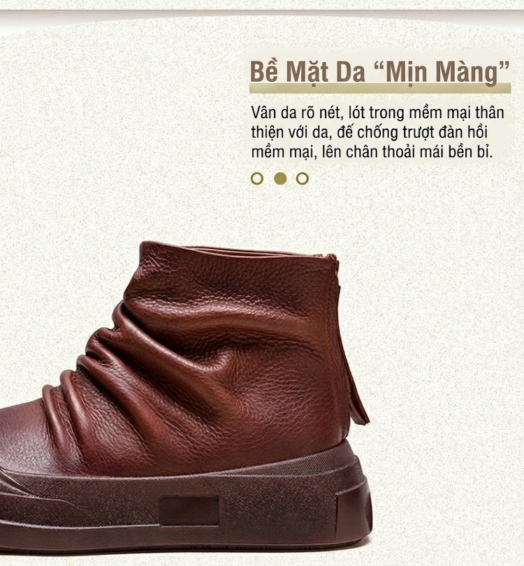 Boot Nữ Da Bò Cổ Cao Thiết Kế Lộn Xộn Chiều Cao Đế Khoảng 3cm Phong Cách La Mã Màu Đen, Nâu chi tiết 4