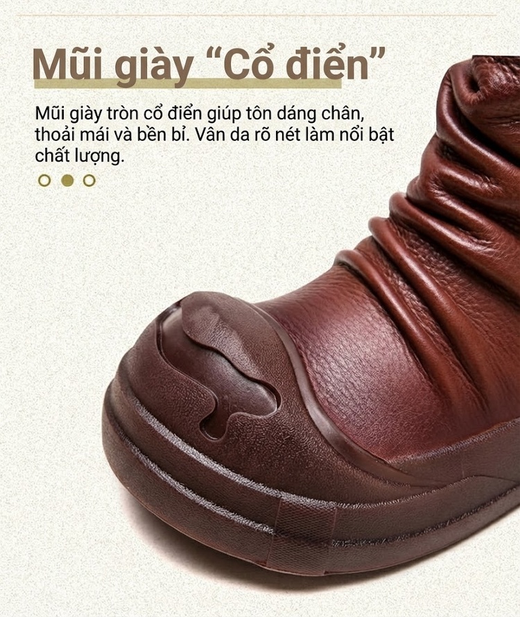 Boot Nữ Da Bò Cổ Cao Thiết Kế Lộn Xộn Chiều Cao Đế Khoảng 3cm Phong Cách La Mã Màu Đen, Nâu chi tiết 5
