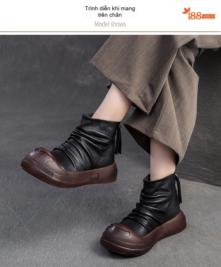 Boot Nữ Da Bò Cổ Cao Thiết Kế Lộn Xộn Chiều Cao Đế Khoảng 3cm Phong Cách La Mã Màu Đen, Nâu chi tiết 8