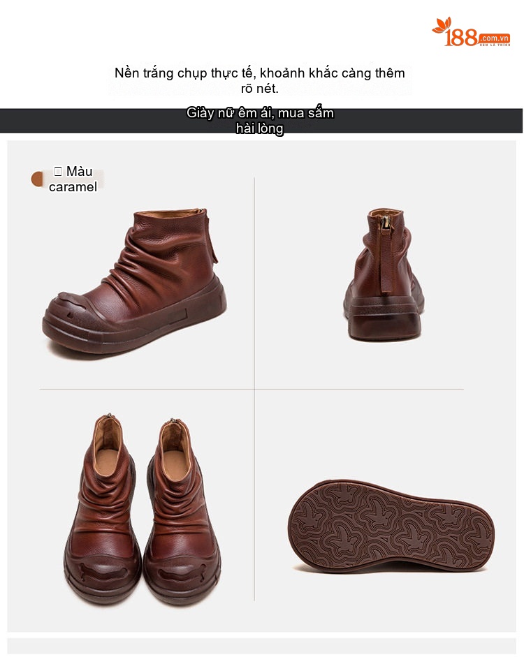 Boot Nữ Da Bò Cổ Cao Thiết Kế Lộn Xộn Chiều Cao Đế Khoảng 3cm Phong Cách La Mã Màu Đen, Nâu chi tiết 17
