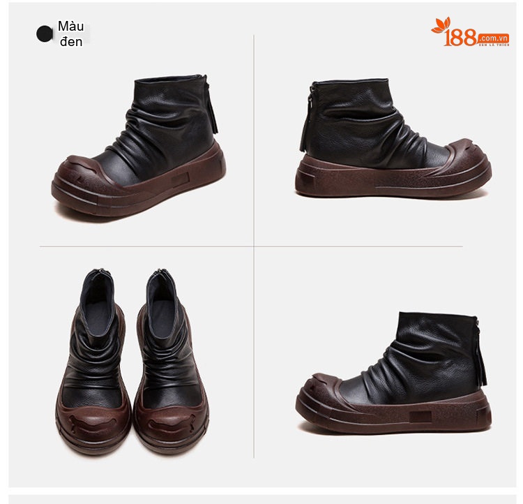 Boot Nữ Da Bò Cổ Cao Thiết Kế Lộn Xộn Chiều Cao Đế Khoảng 3cm Phong Cách La Mã Màu Đen, Nâu chi tiết 18