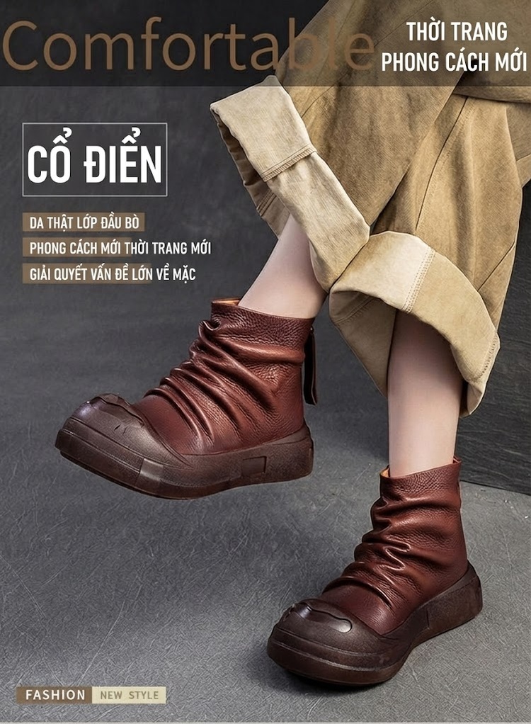 Boot Nữ Da Bò Cổ Cao Thiết Kế Lộn Xộn Chiều Cao Đế Khoảng 3cm Phong Cách La Mã Màu Đen, Nâu chi tiết 2