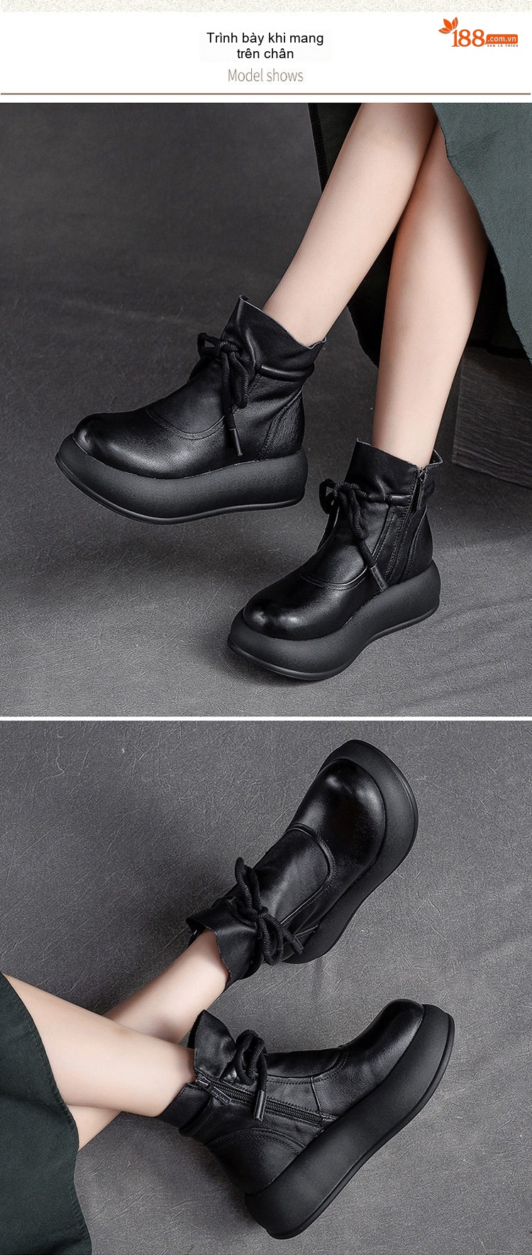 Boot Nữ Da Bò Cổ Điển Chiều Cao Đế Khoảng 5cm Màu Nâu, Đen chi tiết 7
