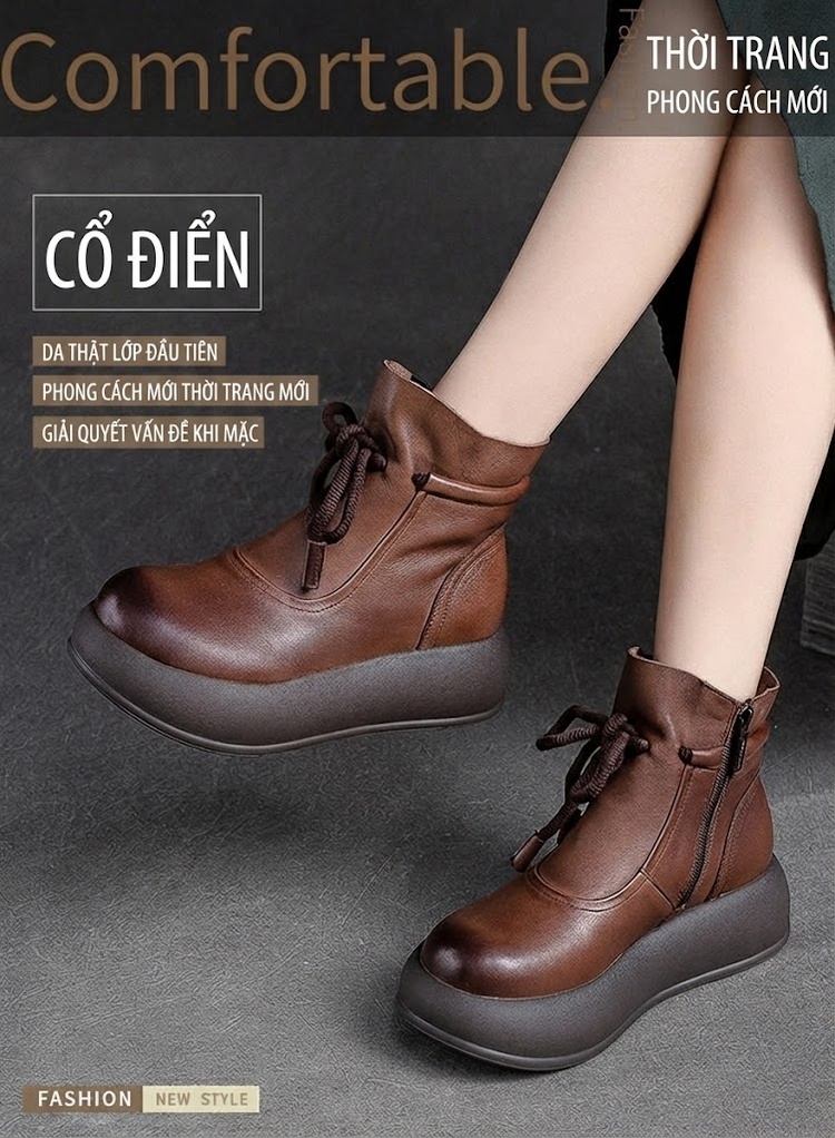 Boot Nữ Da Bò Cổ Điển Chiều Cao Đế Khoảng 5cm Màu Nâu, Đen chi tiết 1