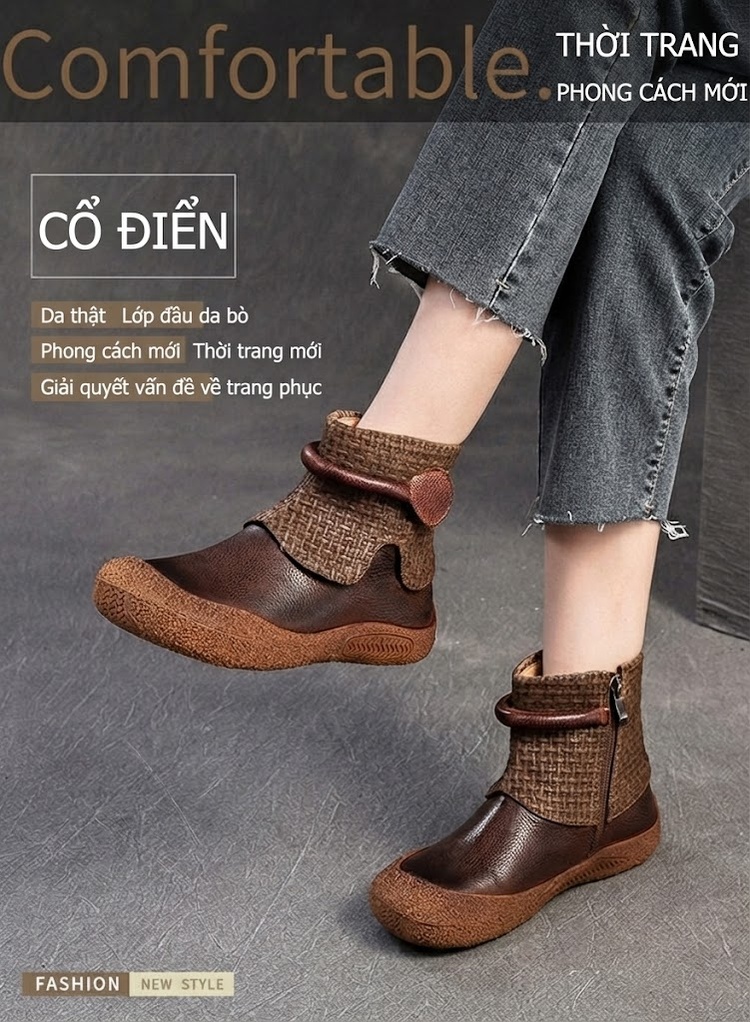 Boot Nữ Da Bò Cổ Điển Khóa Kéo Bên Hông Chiều Cao Đế Khoảng 3cm Màu Nâu, Xanh Rêu chi tiết 1