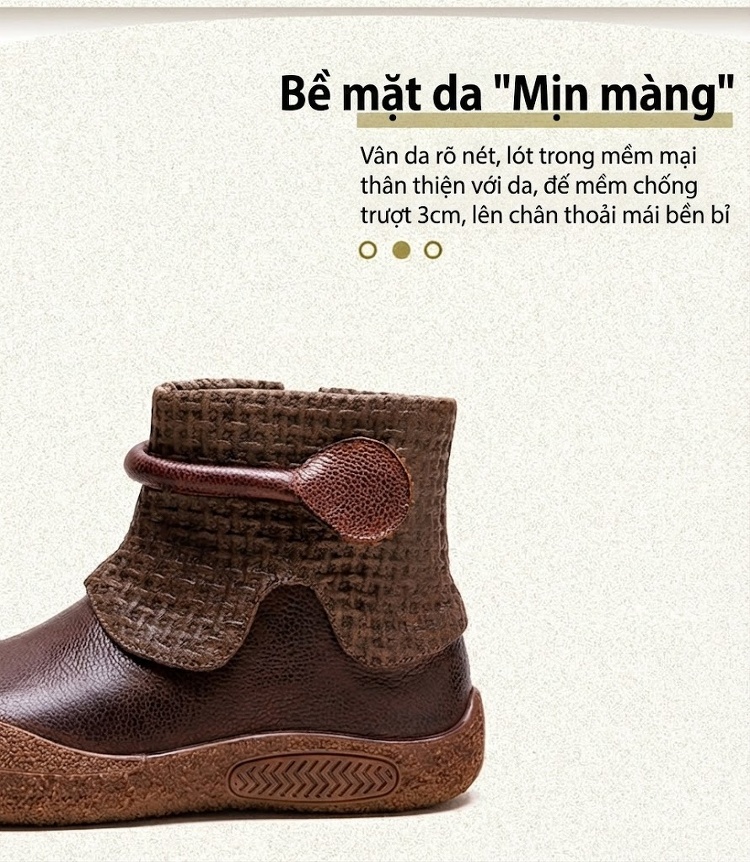 Boot Nữ Da Bò Cổ Điển Khóa Kéo Bên Hông Chiều Cao Đế Khoảng 3cm Màu Nâu, Xanh Rêu chi tiết 3
