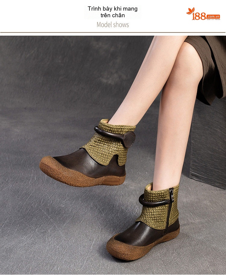 Boot Nữ Da Bò Cổ Điển Khóa Kéo Bên Hông Chiều Cao Đế Khoảng 3cm Màu Nâu, Xanh Rêu chi tiết 8