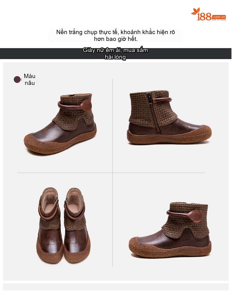 Boot Nữ Da Bò Cổ Điển Khóa Kéo Bên Hông Chiều Cao Đế Khoảng 3cm Màu Nâu, Xanh Rêu chi tiết 17
