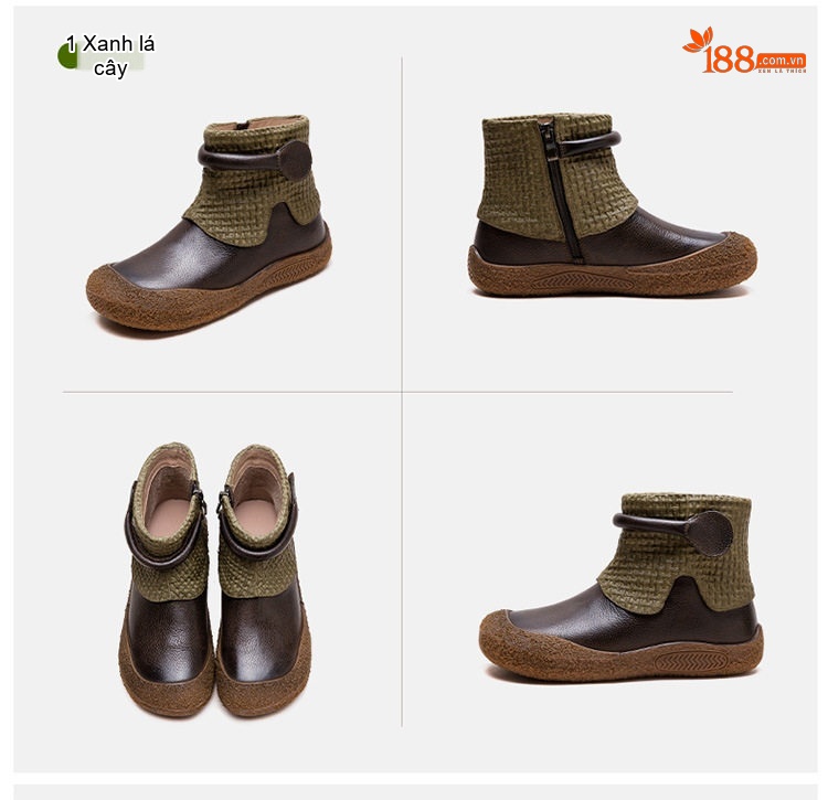 Boot Nữ Da Bò Cổ Điển Khóa Kéo Bên Hông Chiều Cao Đế Khoảng 3cm Màu Nâu, Xanh Rêu chi tiết 18