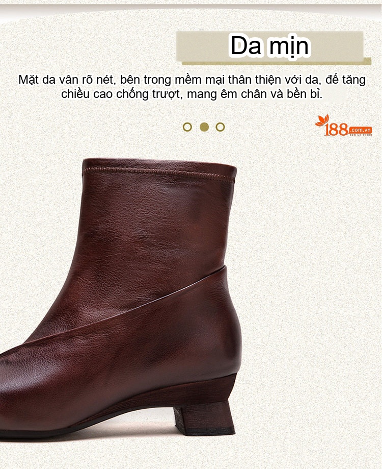 Boot Nữ Da Bò Cổ Lửng Chiều Cao Đế Khoảng 3cm Màu Đen, Nâu chi tiết 4
