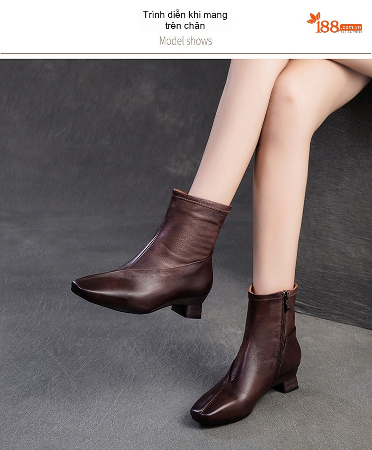 Boot Nữ Da Bò Cổ Lửng Chiều Cao Đế Khoảng 3cm Màu Đen, Nâu chi tiết 9