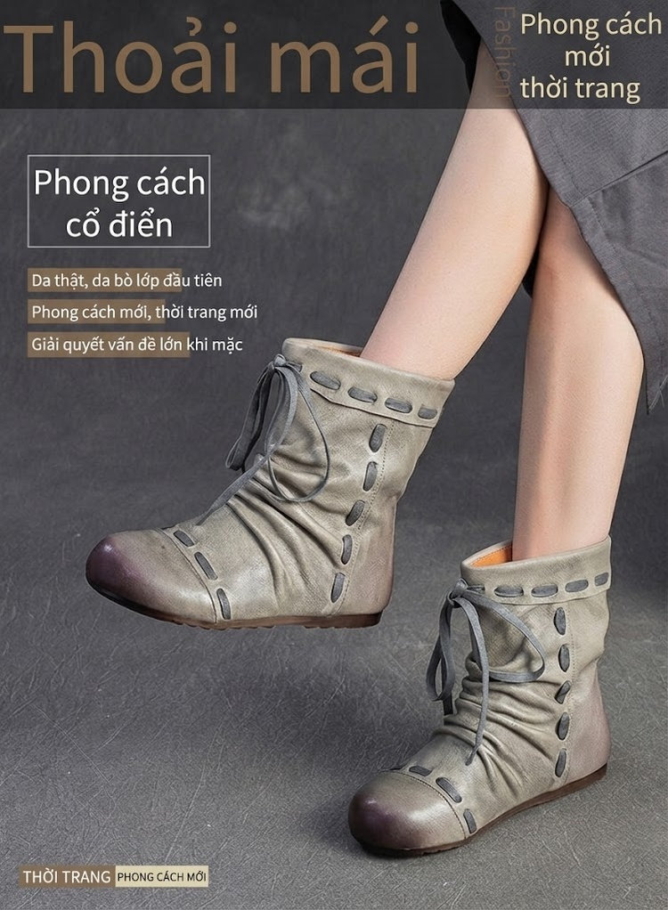 Boot Nữ Da Bò Cổ Lửng Dây Buộc Chiều Cao Đế Khoảng 2cm Màu Nâu, Xám chi tiết 1