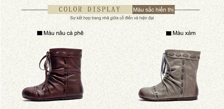 Boot Nữ Da Bò Cổ Lửng Dây Buộc Chiều Cao Đế Khoảng 2cm Màu Nâu, Xám chi tiết 2
